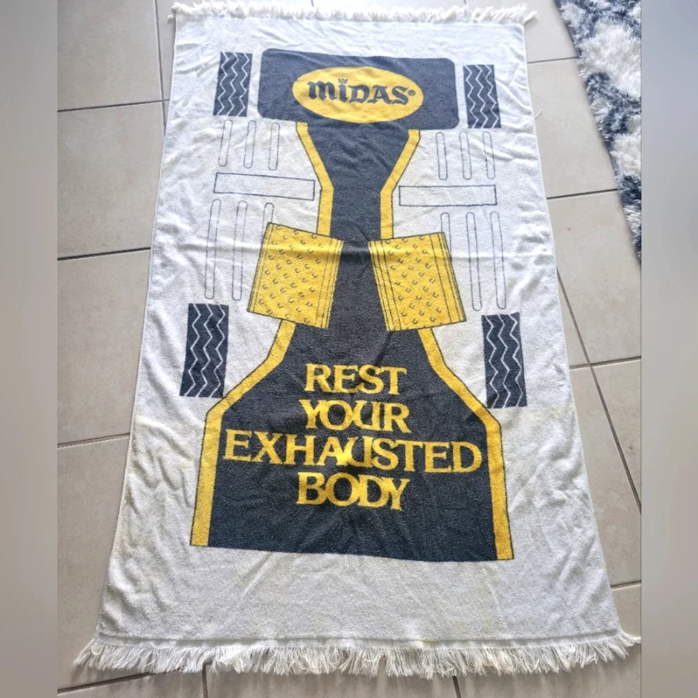 Vintage Midas Beach Towel Cars Muffler Promo 80s Cotton Racing Tires Advertising